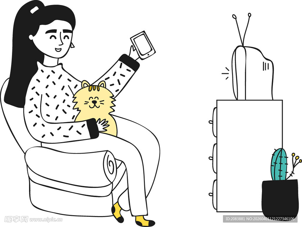 女子坐沙发玩手机逗小狗