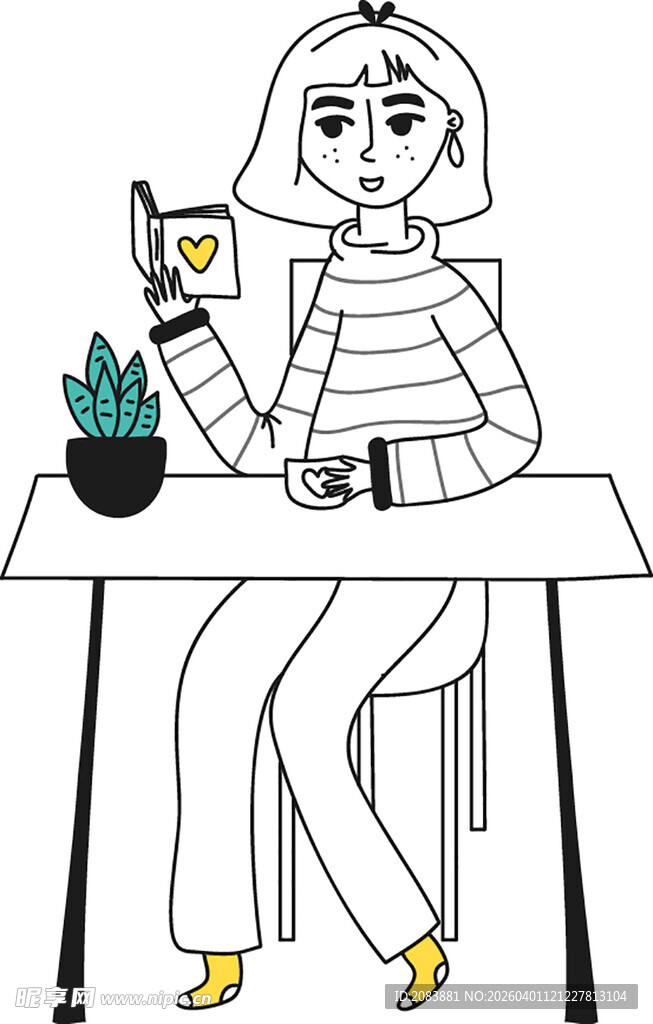 女士坐在桌边惬意看书赏绿植