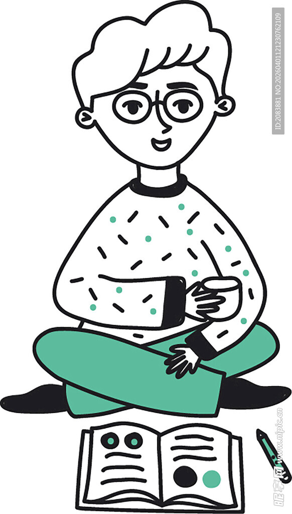 坐着阅读写作的卡通人物