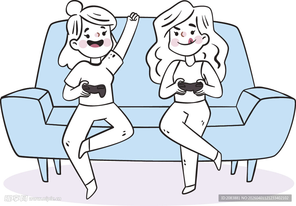 沙发上欢乐玩游戏的姐妹俩