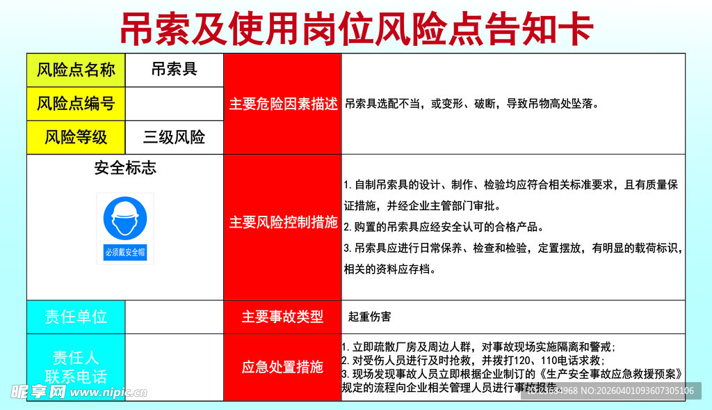 吊索及使用岗位风险告知卡