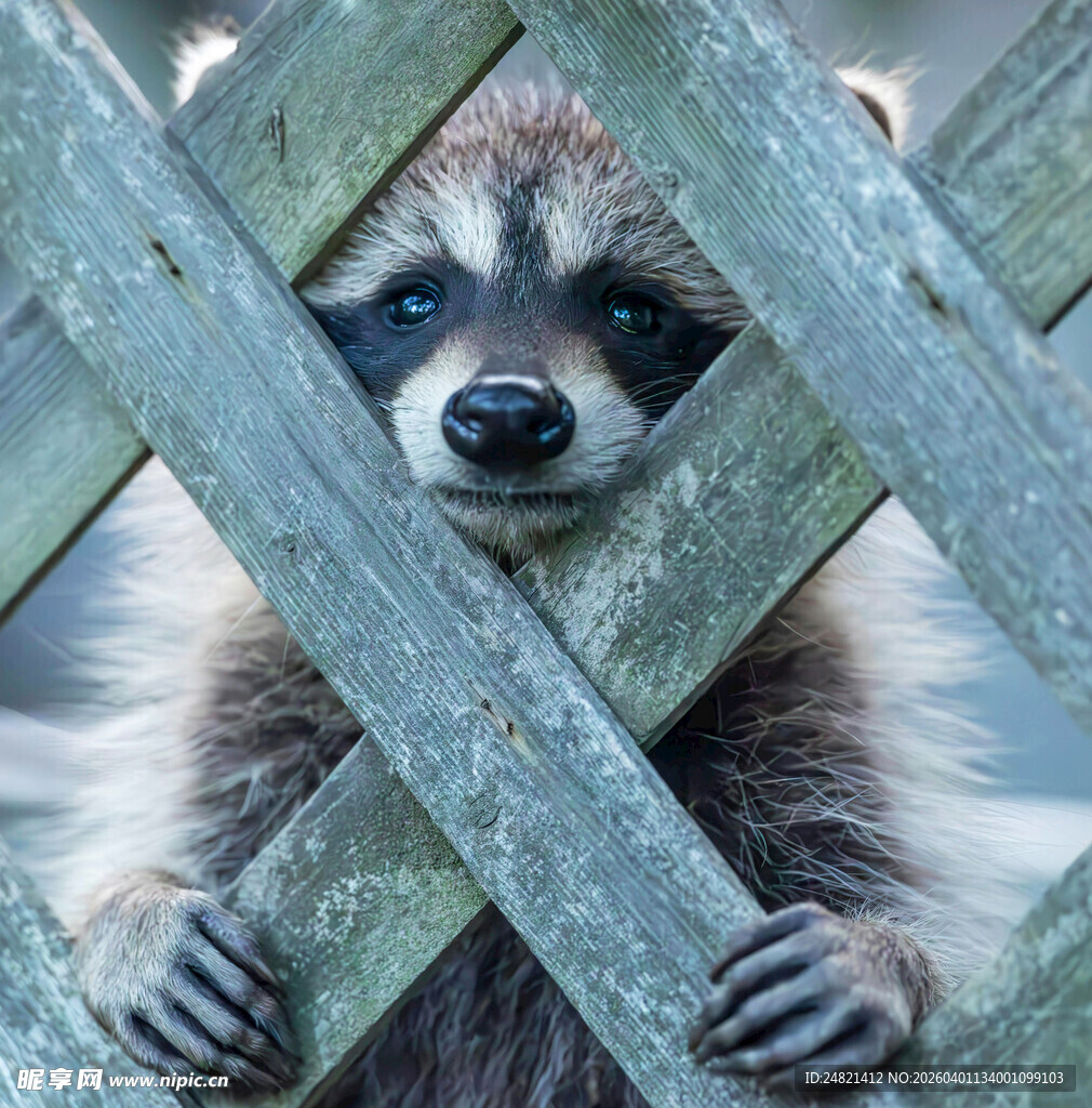 好奇浣熊透过栅栏张望