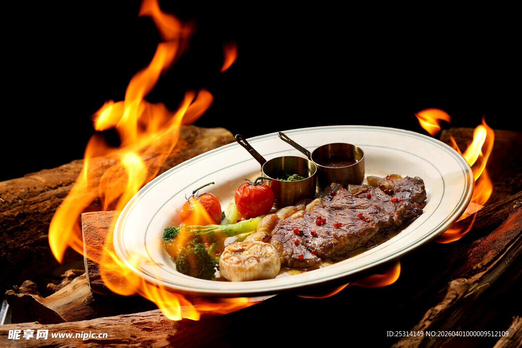 篝火上的美味牛排大餐