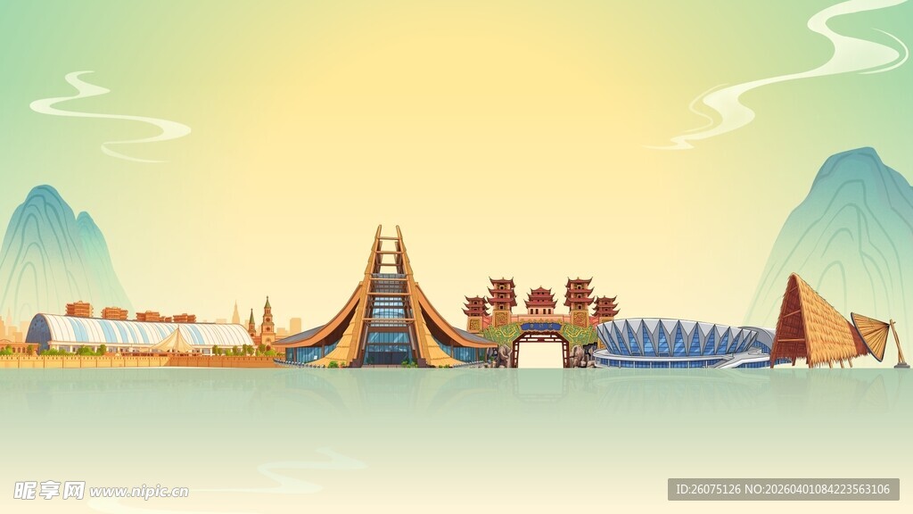 国潮插画风大英县地标建筑景观