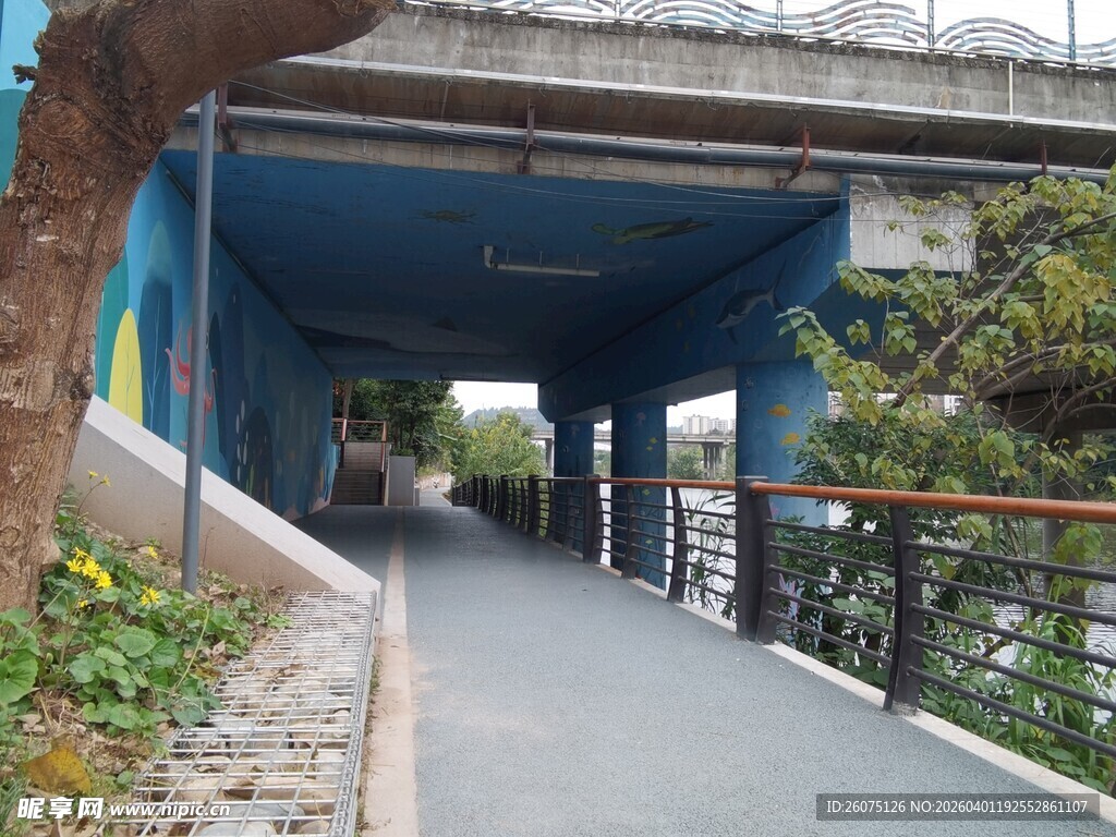 蓝色桥底行人通道景观