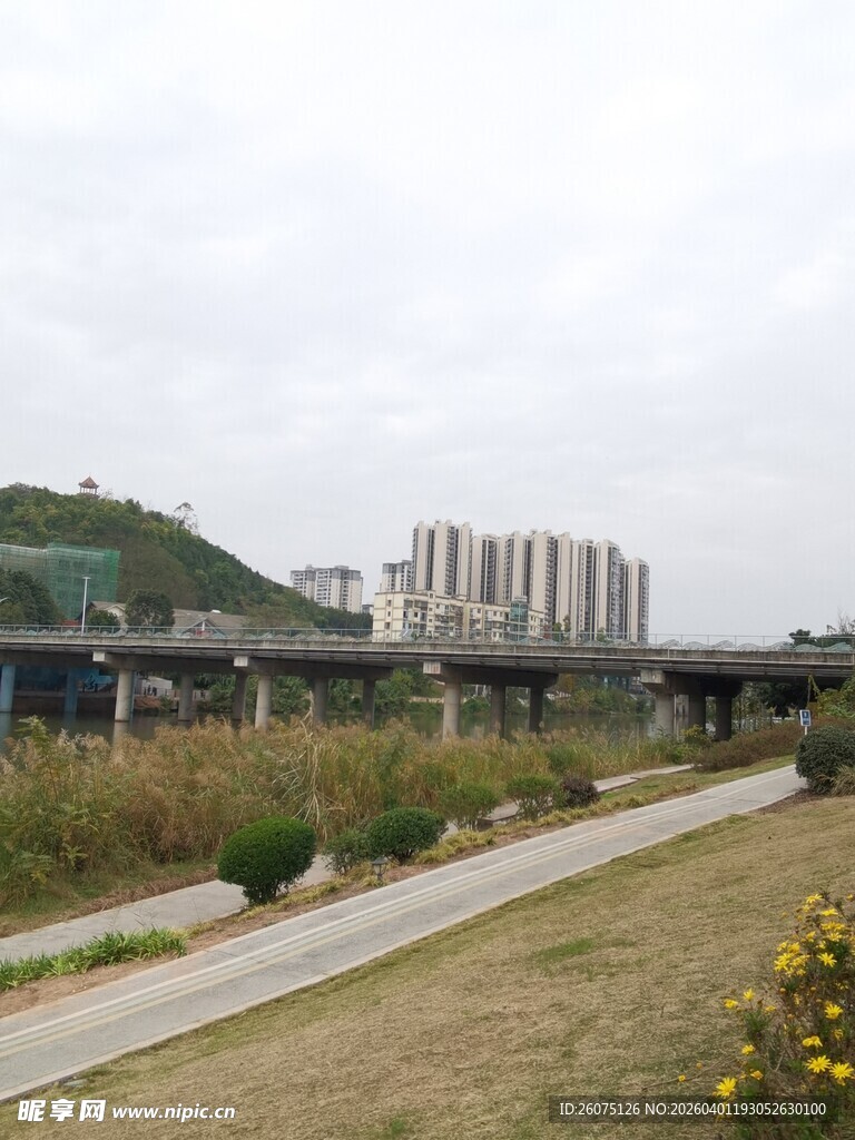 城郊风景远处高楼与绿地