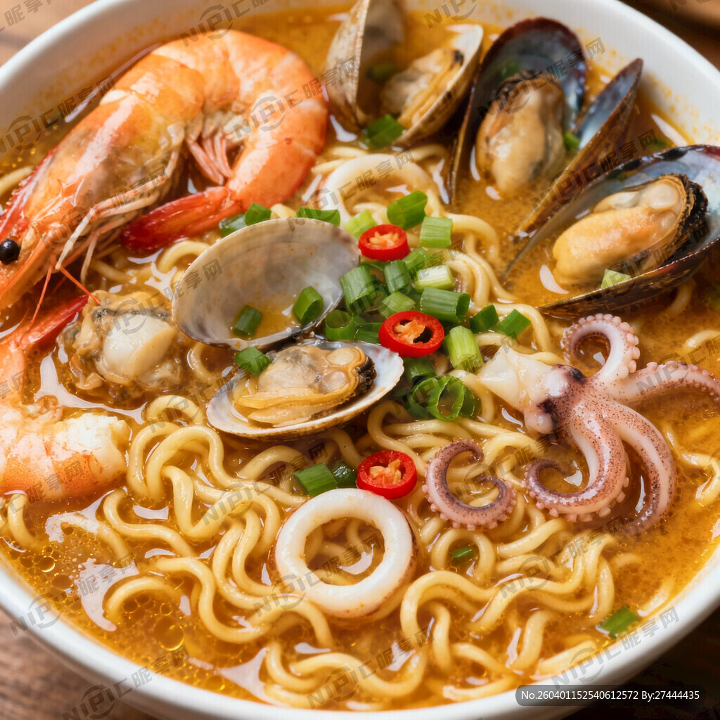 一碗看起来巨好吃的海鲜面
