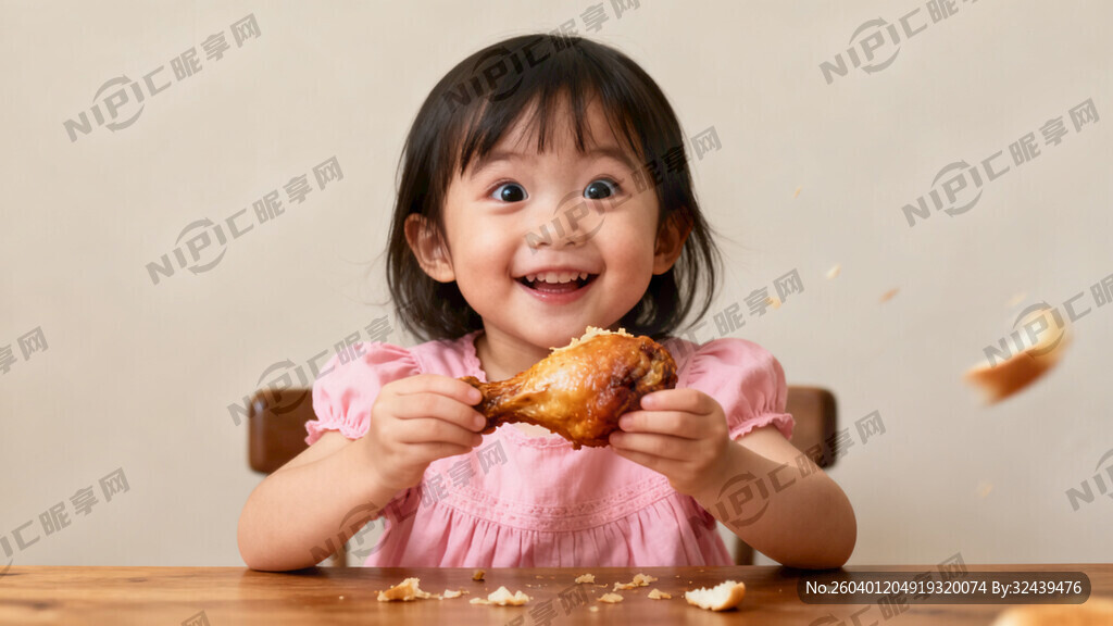 小女孩正在吃鸡腿  表情丰富