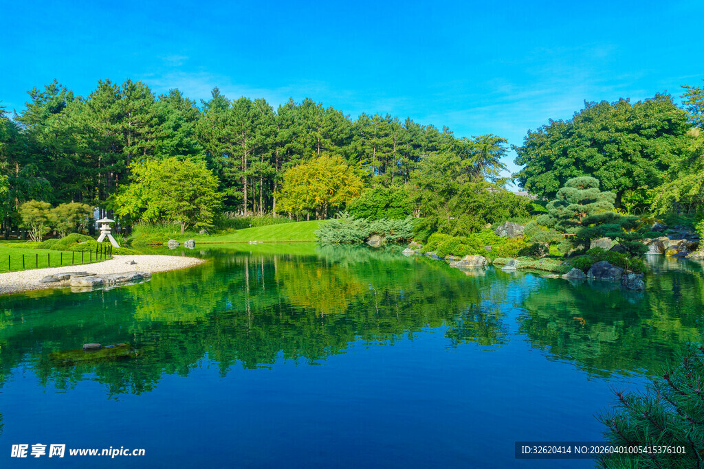 湖畔绿树成荫的美丽风光