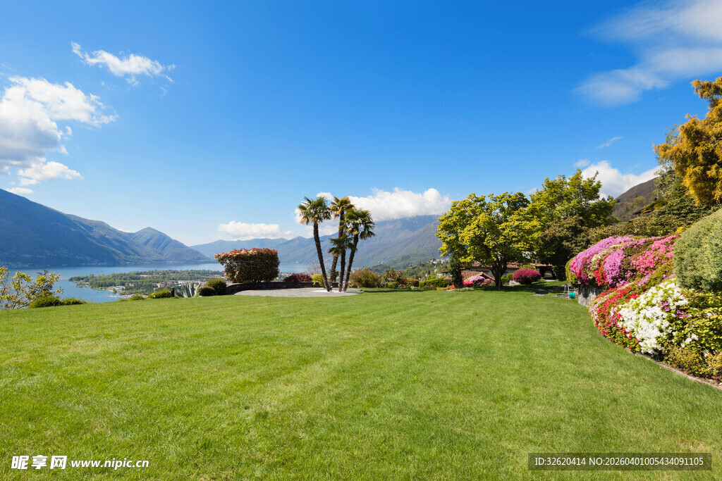 美丽湖畔绿草地景观