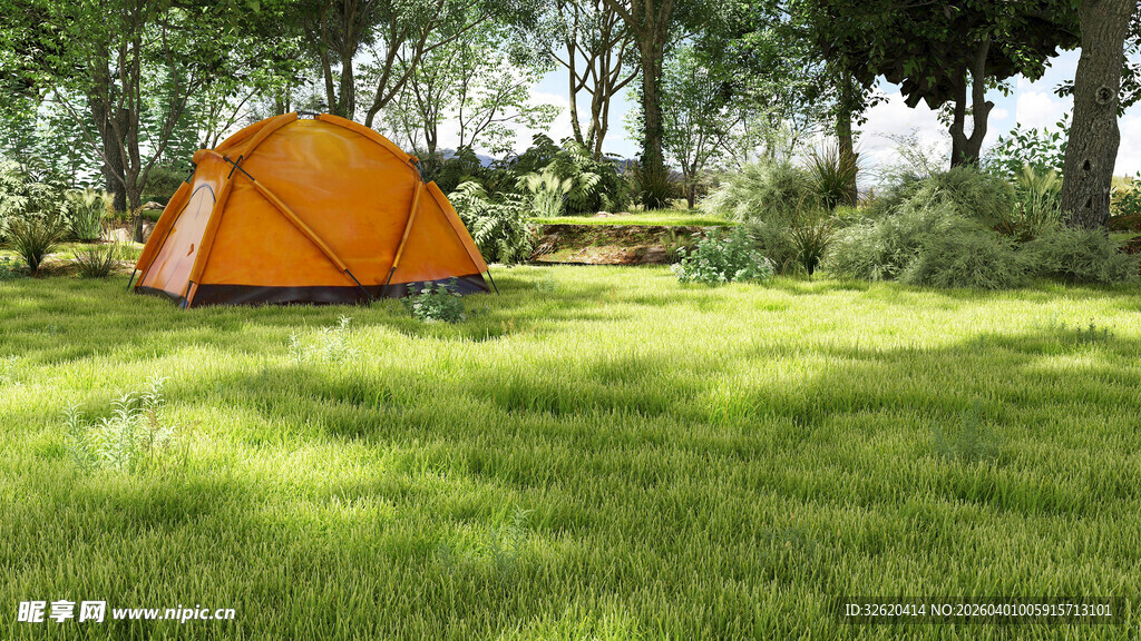 户外草地中的橙色帐篷