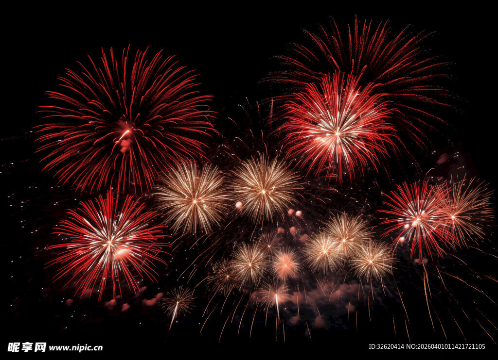 夜空中绚烂的红色烟花