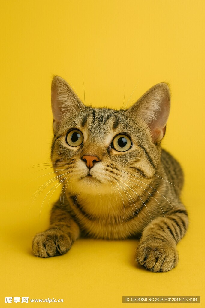 可爱虎斑猫趴于黄色背景