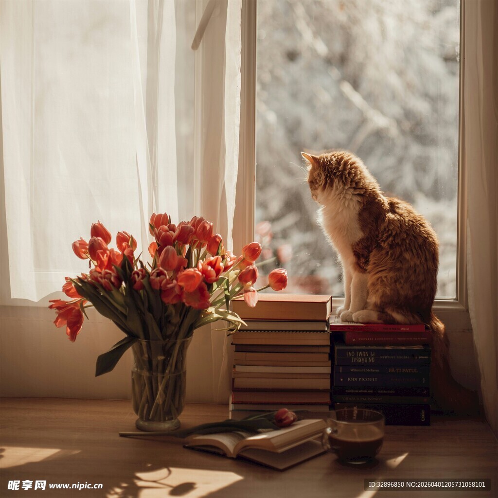 窗边猫咪伴花与书
