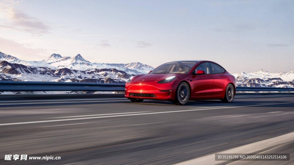 红色汽车行驶在美丽风景中