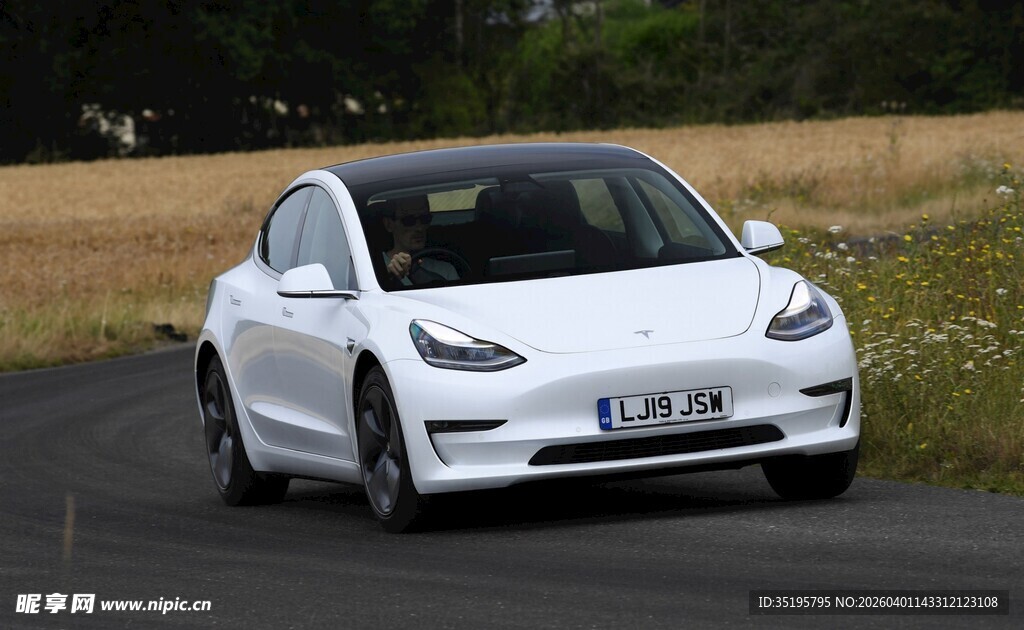 白色特斯拉汽车行驶在路上