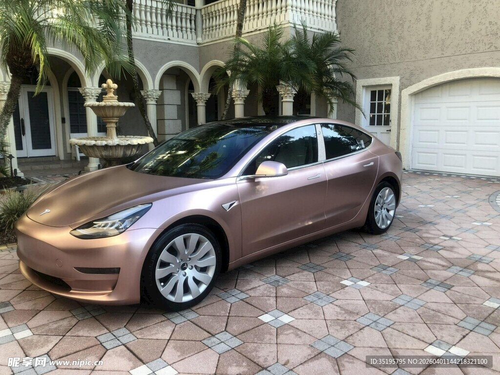 玫瑰金特斯拉停在庭院