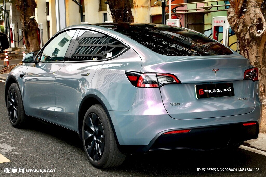 浅蓝色特斯拉SUV停在路边