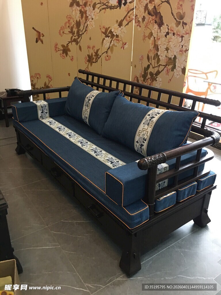 中式古典蓝色布艺沙发