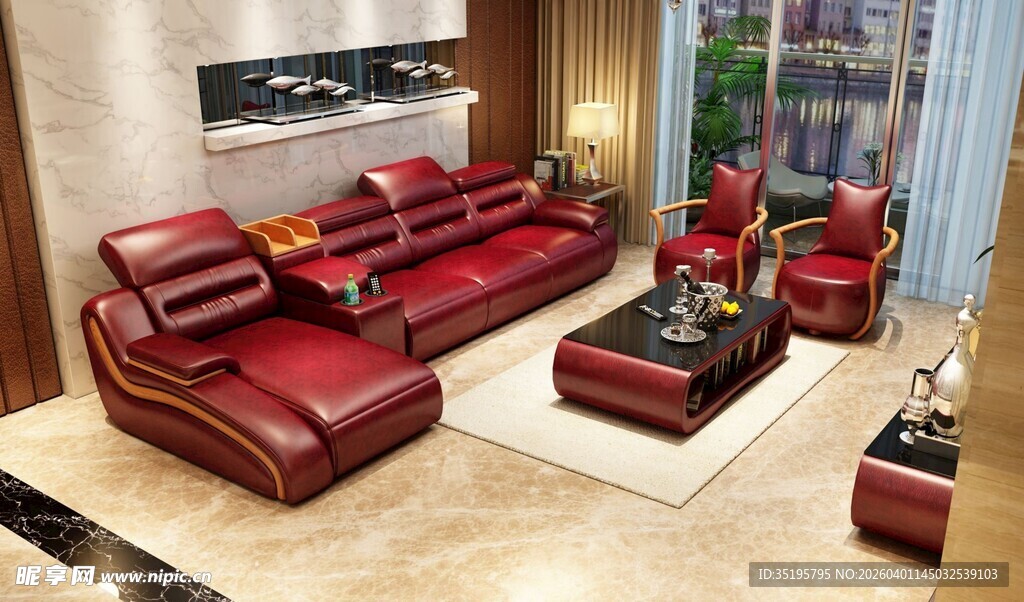 豪华红色真皮转角沙发组合