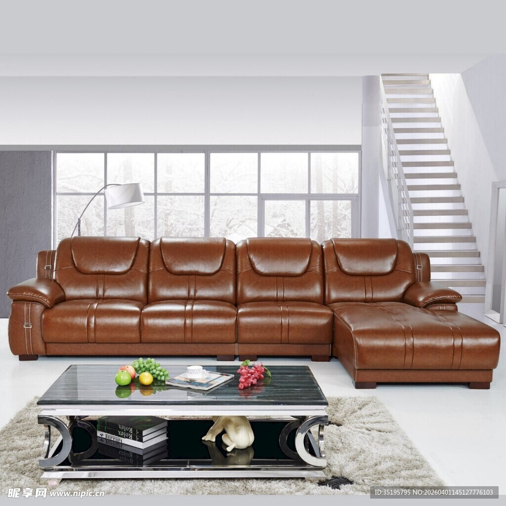 现代真皮转角沙发客厅场景