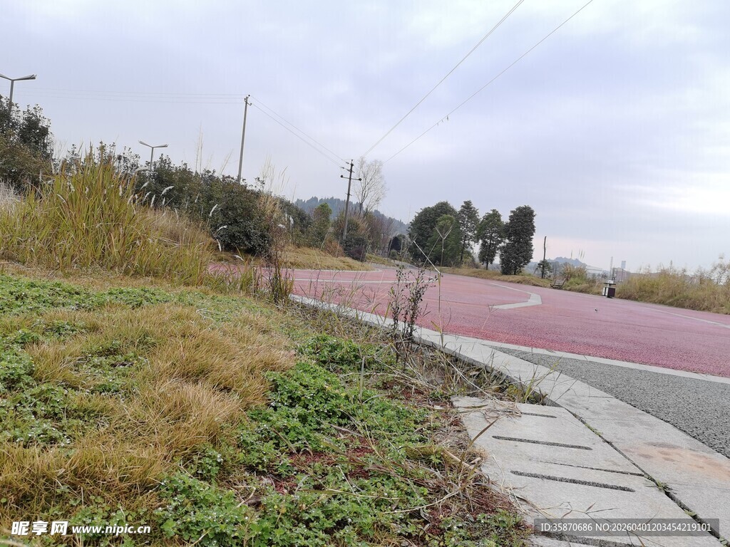 城郊彩色步道旁的自然景致