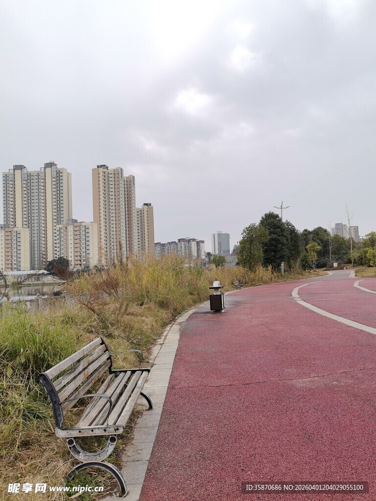 城市步道旁的长椅与高楼