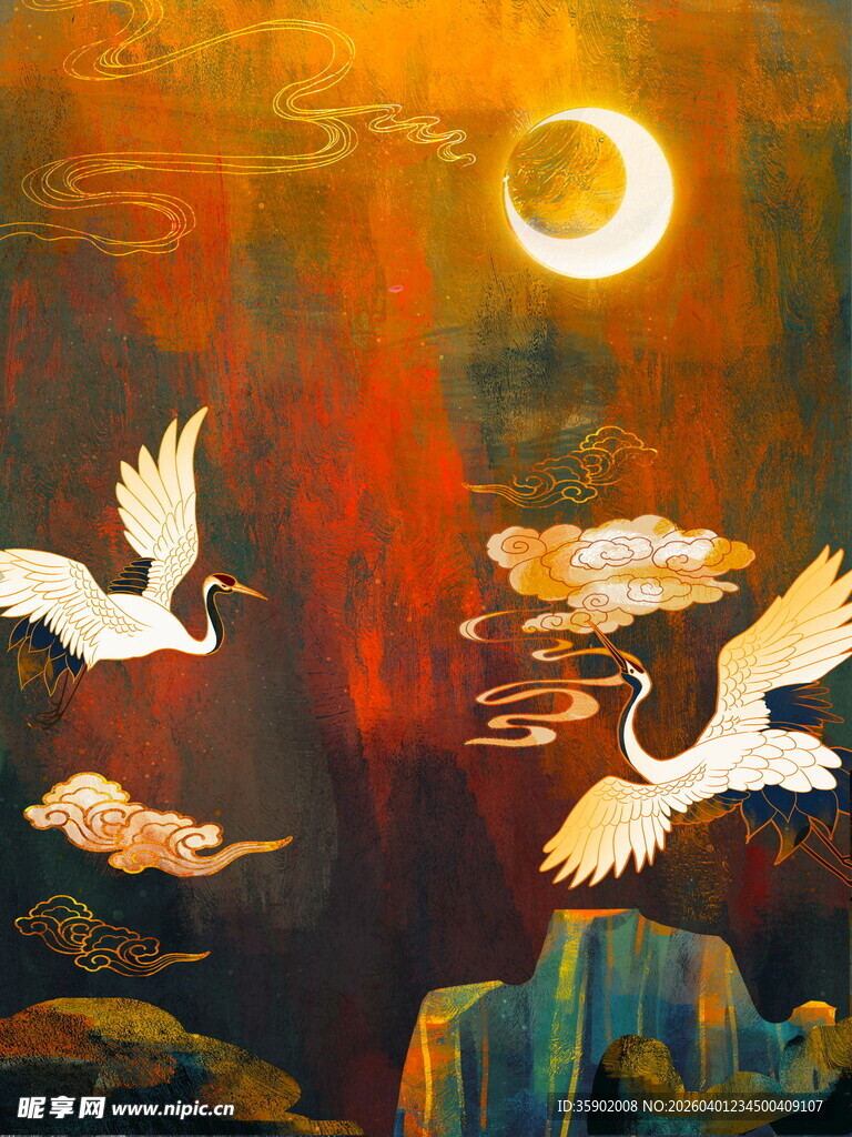 夕阳下双鹤于山水间翱翔