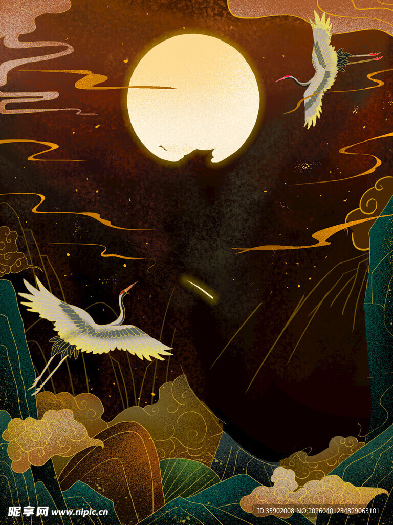 月夜仙鹤翔云图