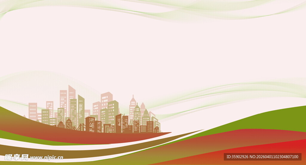 城市风景与多彩波浪背景