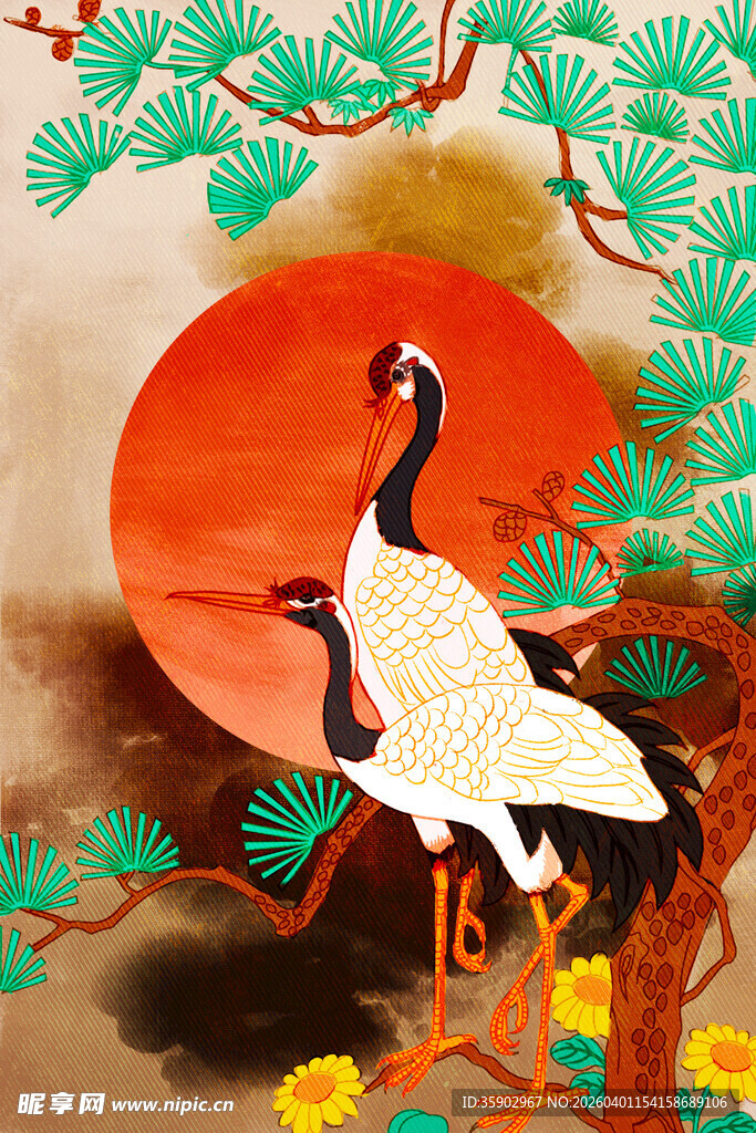 丹顶鹤伴红日松景图