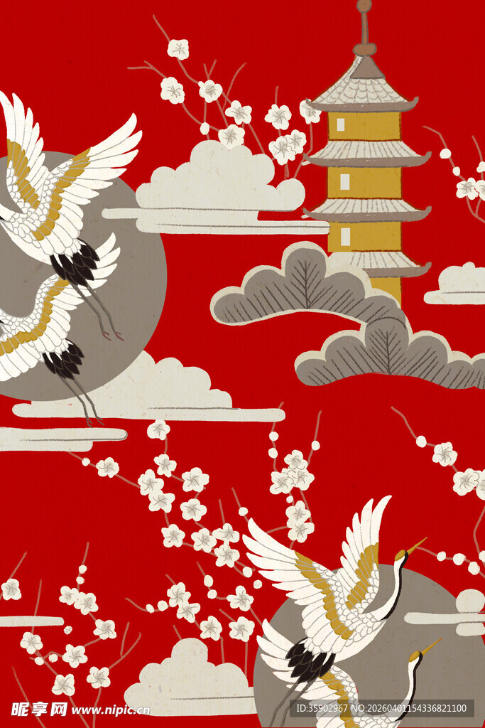 中式红底仙鹤宝塔吉祥图