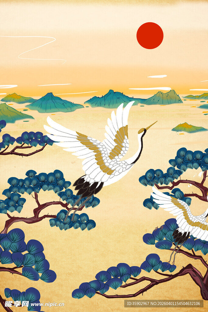 旭日青松间双鹤展翅