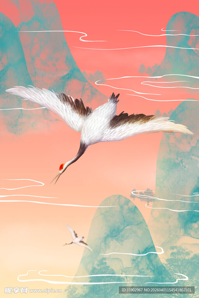 丹顶鹤翱翔于山水之间