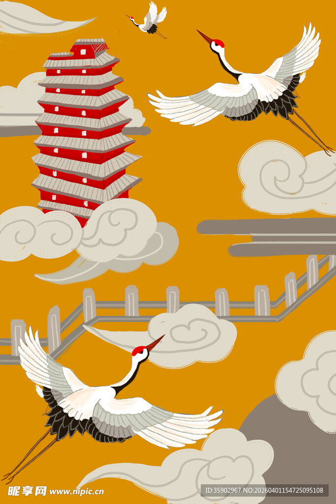 中式仙鹤宝塔祥云图案