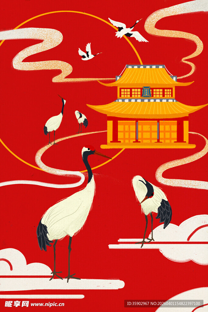 中式红底仙鹤楼阁祥瑞图