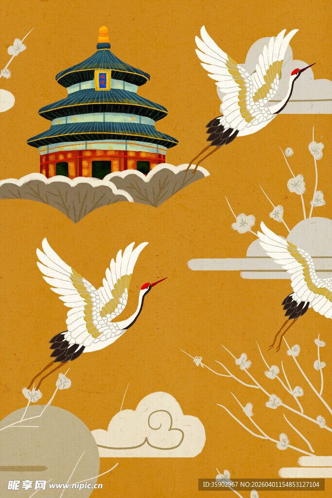 中式古建筑与飞鹤图景