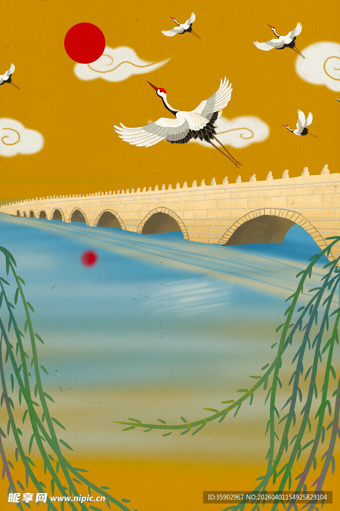 秋日河畔飞鸟与桥景