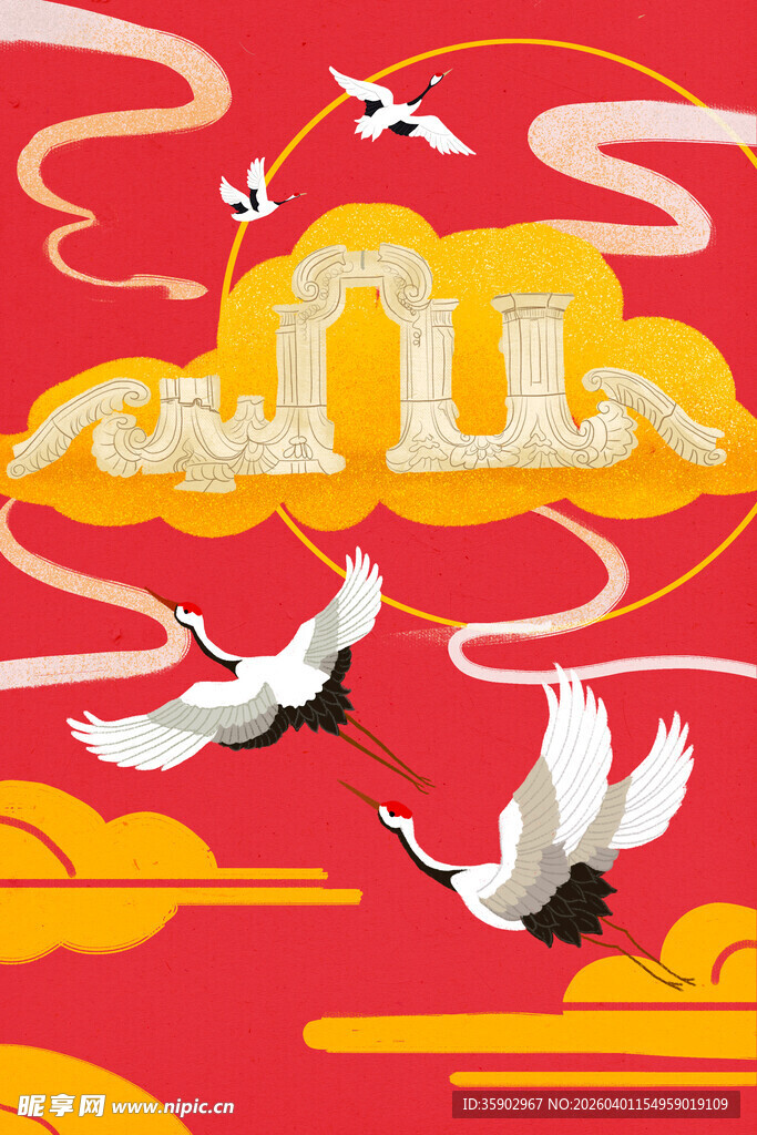 国潮风仙鹤祥云喜庆插画