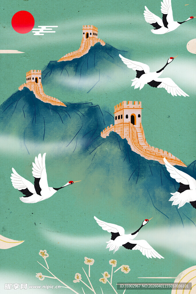 国风山水间的白鹤与长城