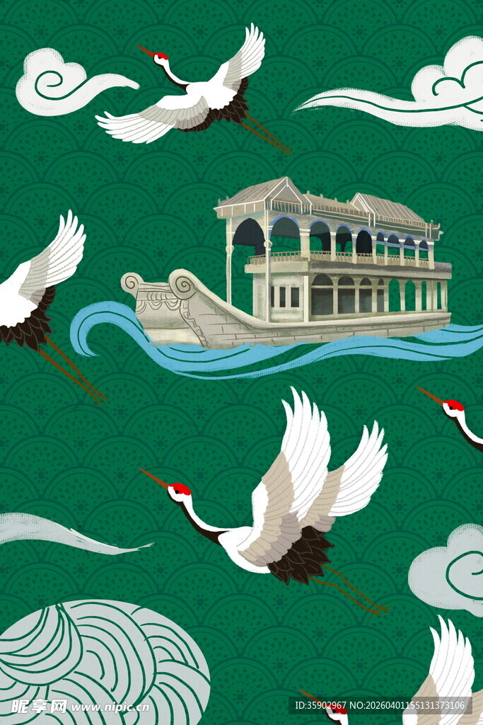 中式山水白鹤古建筑图景