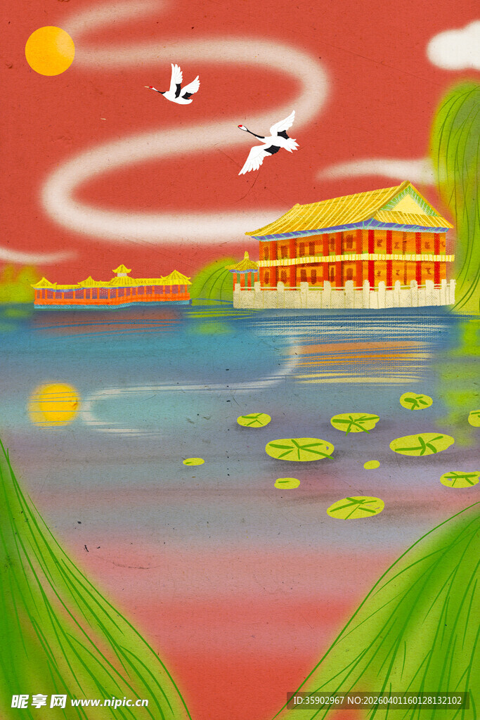 梦幻山水间的飞鸟与建筑