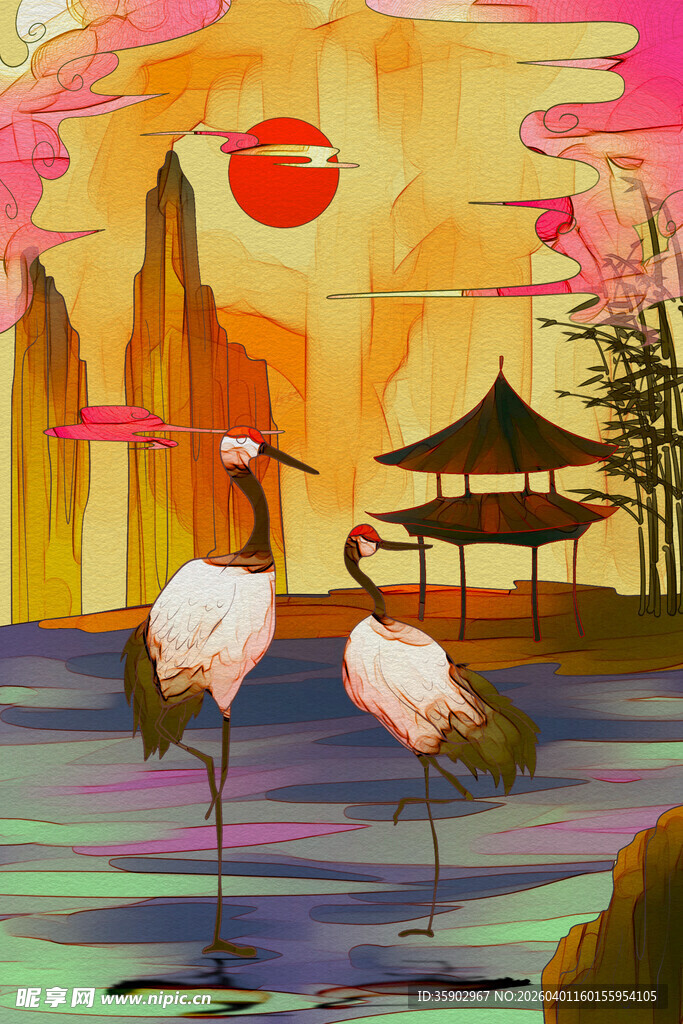 夕阳下双鹤伴亭的山水景