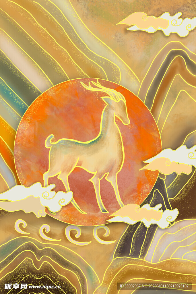 中式古风祥瑞鹿云纹插画