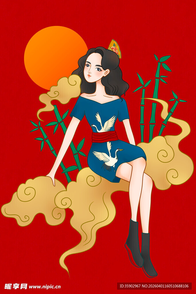 国风少女坐于祥云赏落日