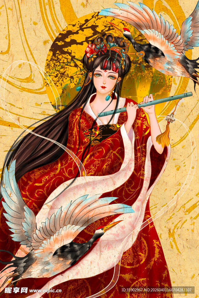 古风红衣女子与仙鹤相伴