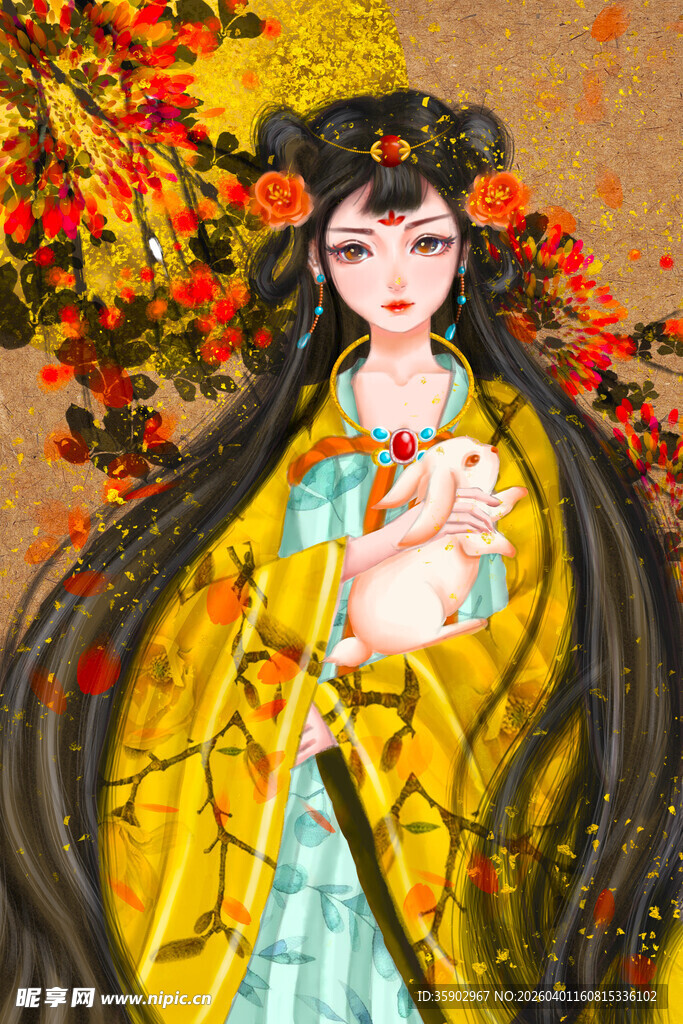 古风美人怀抱白兔赏秋景