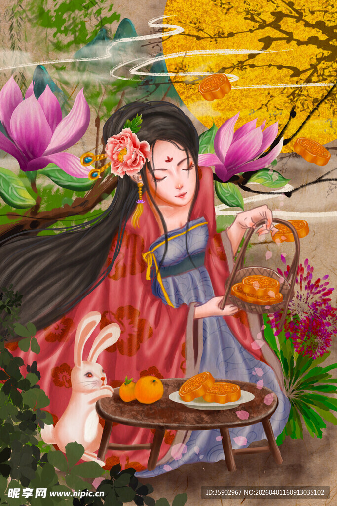 古风女子与玉兔秋日雅景