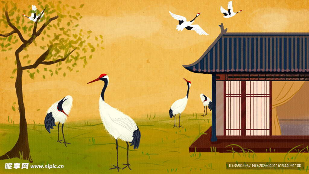 中式庭院丹顶鹤悠然景致