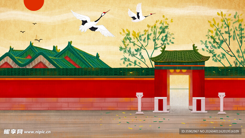 中式红墙古建筑风景